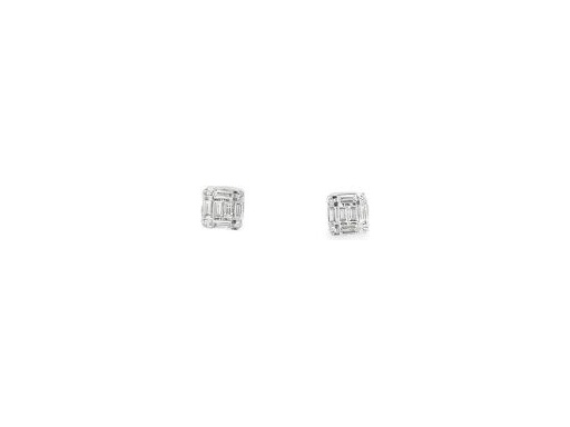 18K White Gold Emerald-Cut Style Stud Earrings with Natural Baguette and Round Diamonds